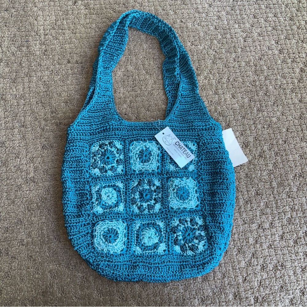 Chateau Teal blue Crochet squares Tote Bag NEW tags 100% polypropylene & liner